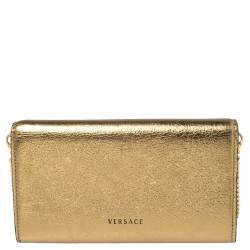 Pre Owned Versace Metallic Gold Leather Medusa Wallet on Chain
