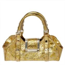 Pre Owned Versace Metallic Gold Crinkled Leather Satchel