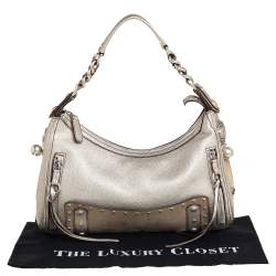 Versace Gold/Beige Leather and Suede Studded Hobo