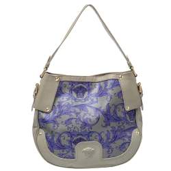 مملوكة مسبقًا Versace Grey/Blue Majolica Print Leather Hobo 