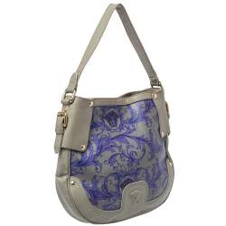 مملوكة مسبقًا Versace Grey/Blue Majolica Print Leather Hobo 
