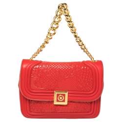 Pre Owned Versace Red Patent Leather and Suede Medusa Chain Flap Shoulder Bag