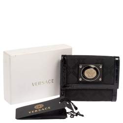 Pre Owned Versace Black Signature Nylon and Croc Embossed Patent Leather Flap Compact Wallet