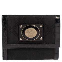 Pre Owned Versace Black Signature Nylon and Croc Embossed Patent Leather Flap Compact Wallet