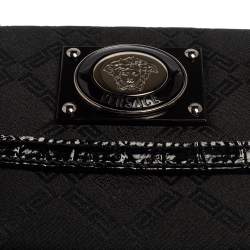 Pre Owned Versace Black Signature Nylon and Croc Embossed Patent Leather Flap Compact Wallet