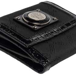 Pre Owned Versace Black Signature Nylon and Croc Embossed Patent Leather Flap Compact Wallet