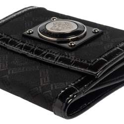 Pre Owned Versace Black Signature Nylon and Croc Embossed Patent Leather Flap Compact Wallet