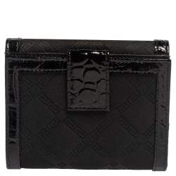 Pre Owned Versace Black Signature Nylon and Croc Embossed Patent Leather Flap Compact Wallet