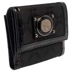 Pre Owned Versace Black Signature Nylon and Croc Embossed Patent Leather Flap Compact Wallet