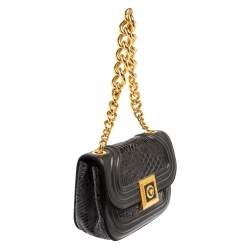 Pre Owned Versace Black Leather and Patent Leather Chain Flap Shoulder Bag