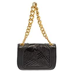 Pre Owned Versace Black Leather and Patent Leather Chain Flap Shoulder Bag