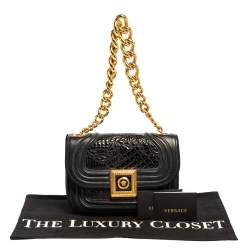 Pre Owned Versace Black Leather and Patent Leather Chain Flap Shoulder Bag