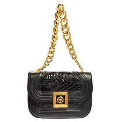 Pre Owned Versace Black Leather and Patent Leather Chain Flap Shoulder Bag