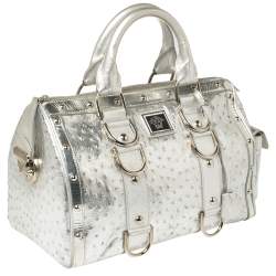 مملوكة مسبقًا Versace Silver Ostrich Embossed Leather Snap Out Of It Satchel