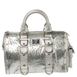 Pre Owned Versace Silver Ostrich Embossed Leather Snap Out Of It Satchel