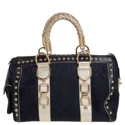 Pre Owned Versace Black Monogram Fabric and Leather Snap Out Of It Satchel