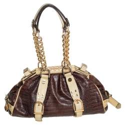Pre Owned Versace Brown/Cream Croc Embossed Leather Madonna Satchel