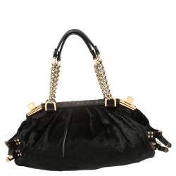 Pre Owned Versace Black Suede/Calfhair and Lizard Embossed Corset Frame Shoulder Bag