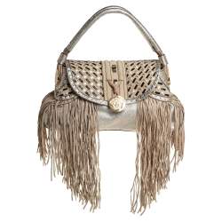 Pre Owned Versace Gold/Black Woven Leather Medusa Fringe Shoulder Bag