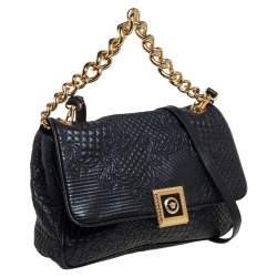 Pre Owned Versace Black Barocco Leather Flap Shoulder Bag