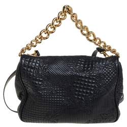 Pre Owned Versace Black Barocco Leather Flap Shoulder Bag