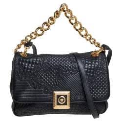 Pre Owned Versace Black Barocco Leather Flap Shoulder Bag