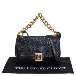 Pre Owned Versace Black Barocco Leather Flap Shoulder Bag