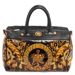 Versace Black/Yellow Baroque Print Leather Icon Shoulder Bag