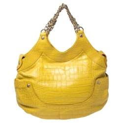 Pre Owned Versace Yellow Croc Embossed Leather Kiss Satchel