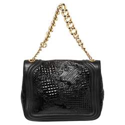 Pre Owned حقيبة كتف فيرساتشي جلد لامع وجلد أسود ذات سلسلة وقلاب