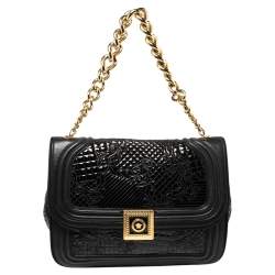 Pre Owned حقيبة كتف فيرساتشي جلد لامع وجلد أسود ذات سلسلة وقلاب