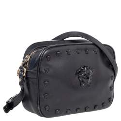 Pre Owned Versace Black Leather Medusa Crossbody Bag