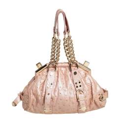 Pre Owned Versace Peach Ostrich Embossed Leather Madonna Satchel