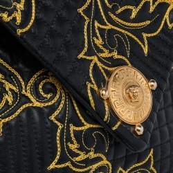 Versace Black/Yellow Barocco Leather Floral Stitch Top Handle Bag