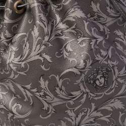 Pre Owned Versace Grey Barocco Heritage Coated Canvas And Leather Drawstring Bucket Bag