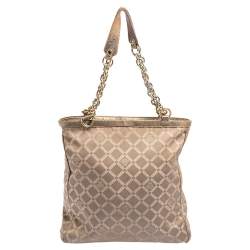 Pre Owned Versace Dark Beige Signature Fabric and Leather Chain Tote