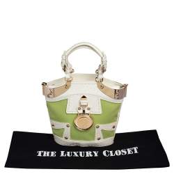 Pre Owned Versace Green/White Patent Leather And Canvas Tote