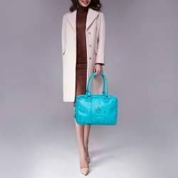 Pre Owned Versace Turquoise Printed Coated Canvas and Leather Zip Boston Bag