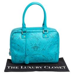 Pre Owned Versace Turquoise Printed Coated Canvas and Leather Zip Boston Bag
