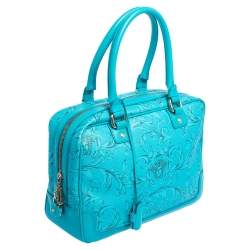 Pre Owned Versace Turquoise Printed Coated Canvas and Leather Zip Boston Bag