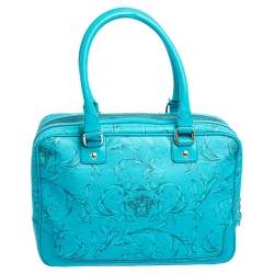 Pre Owned Versace Turquoise Printed Coated Canvas and Leather Zip Boston Bag