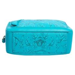 Pre Owned Versace Turquoise Printed Coated Canvas and Leather Zip Boston Bag