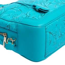 Pre Owned Versace Turquoise Printed Coated Canvas and Leather Zip Boston Bag