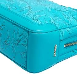 Pre Owned Versace Turquoise Printed Coated Canvas and Leather Zip Boston Bag