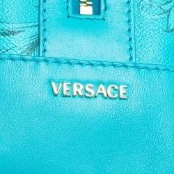 Pre Owned Versace Turquoise Printed Coated Canvas and Leather Zip Boston Bag
