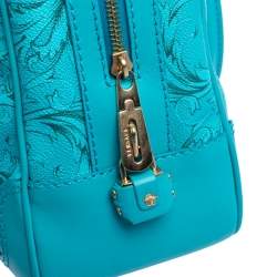 Pre Owned Versace Turquoise Printed Coated Canvas and Leather Zip Boston Bag