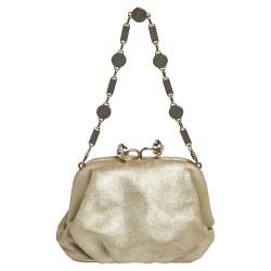 Pre Owned Versace Metallic Gold Leather Kiss Lock Chain Pochette