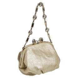 Pre Owned Versace Metallic Gold Leather Kiss Lock Chain Pochette