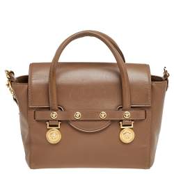 Pre Owned حقيبة يد فيرساتشي ميدالية ميدوسا جلد بيج داكن صغيرة