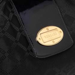 Pre Owned Versace Black Monogram Nylon and Patent Leather Logo Plague Flap Tote